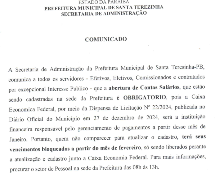  Servidores da prefeitura de Santa Terezinha são convocados para atualização cadastral de contas salário