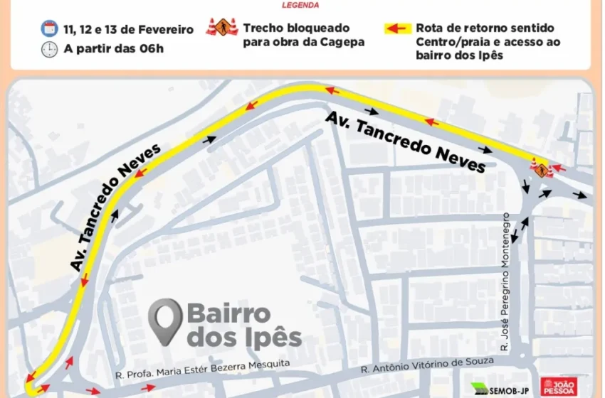  Semob-JP alerta condutores para interdição temporária na Tancredo Neves a partir desta terça-feira