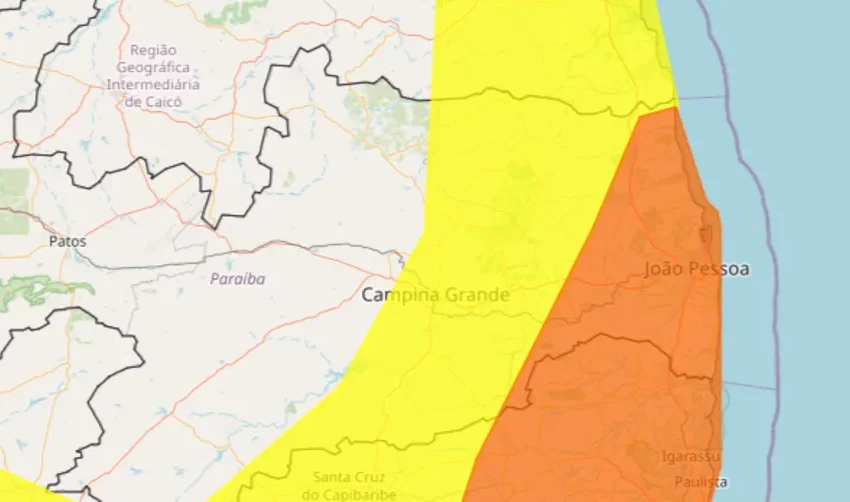 Inmet emite novo alerta para chuvas fortes que abrangem 128 municípios da Paraíba.