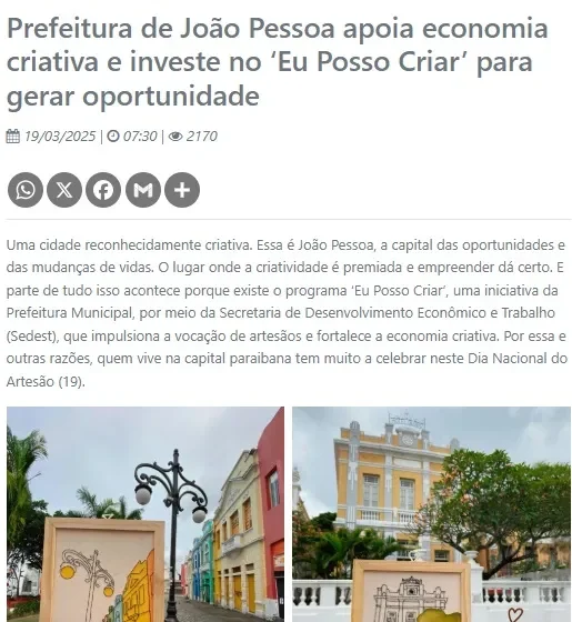 Prefeitura de João Pessoa ganha 3º lugar em prêmio sobre economia criativa