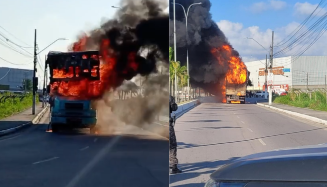  Caminhão em chamas assusta motoristas e bloqueia trânsito em Santa Rita