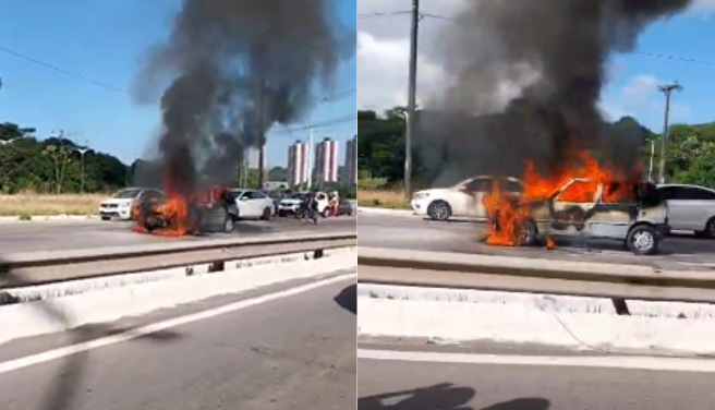  Carro pega fogo na BR-230 em João Pessoa sentido a Bayeux e provoca congestionamento