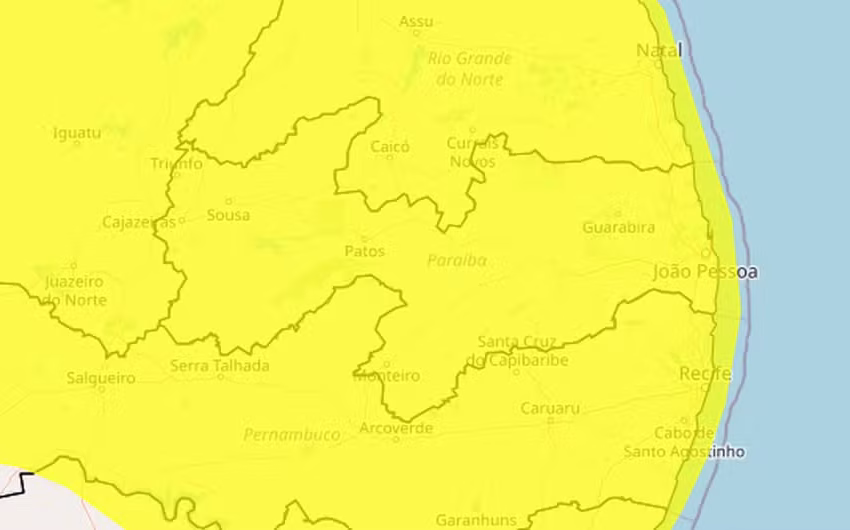  Inmet alerta para perigo potencial de chuvas intensas em todas as cidades da Paraíba