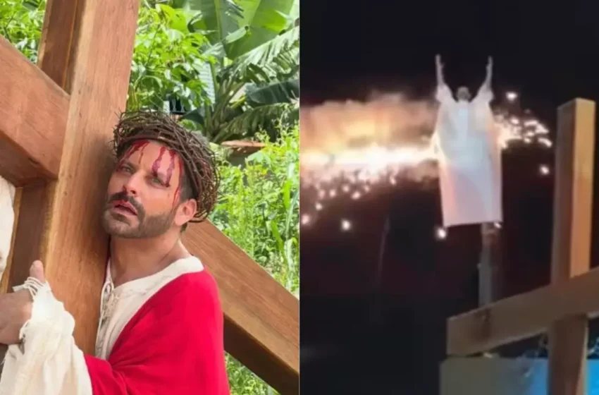  Figurino de Henri Castelli pega fogo durante encenação de “A Paixão de Cristo” em Lindóia, São Paulo
