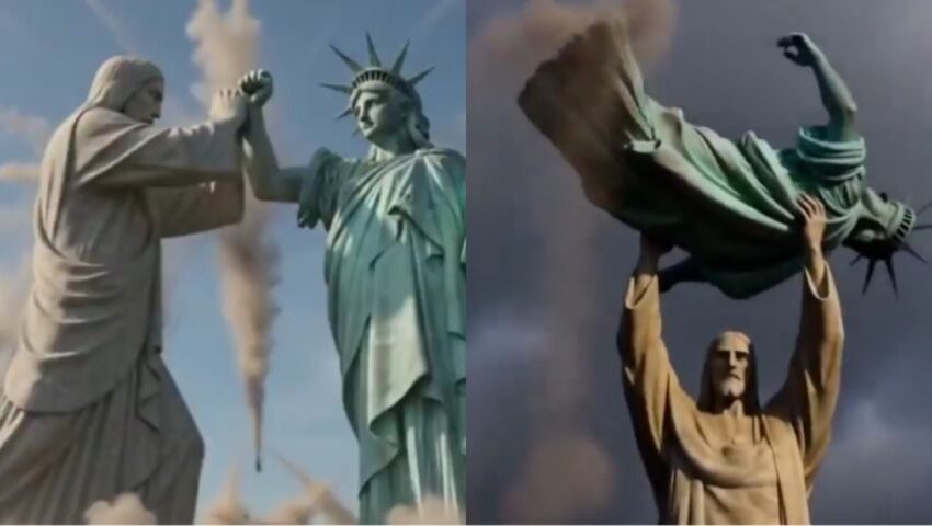  Embaixada iraniana publica vídeo com Cristo Redentor derrotando Estátua da Liberdade em conteúdo gerado por IA